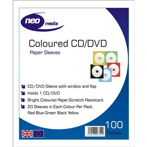 Multi Coloured Paper Disc Sleeves with Plastic Window for CD DVD 100 Pack