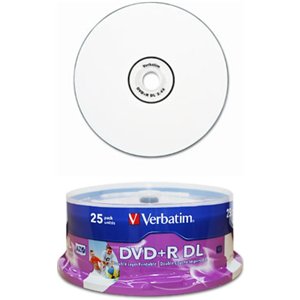 Verbatim White Inkjet Printable 8x DVD+R 8.5GB Dual Layer Recordable Blank DVDs Discs - 25 Pack